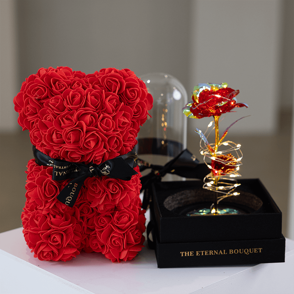 BUNDLE DEAL: Red Galaxy Rose Dome & Mini Red Eternal Rose Bear