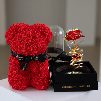 BUNDLE DEAL: Red Galaxy Rose Dome & Mini Red Eternal Rose Bear