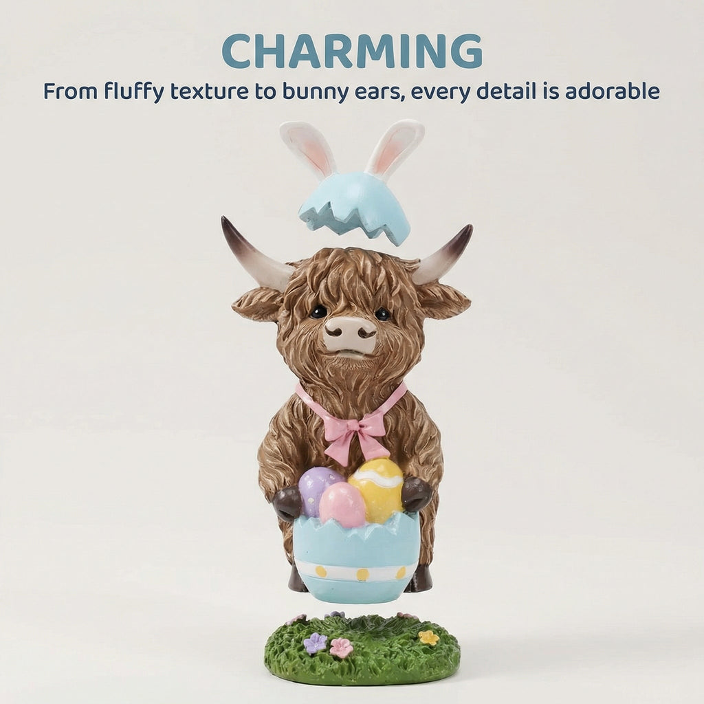 Easter Highland Cow Set with Bunny Ears on Base